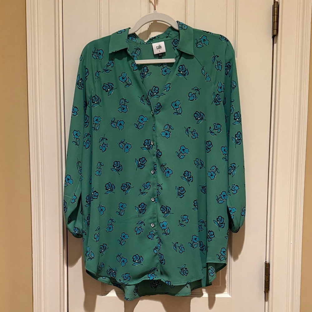 CAbi Green and Blue Floral Blouse